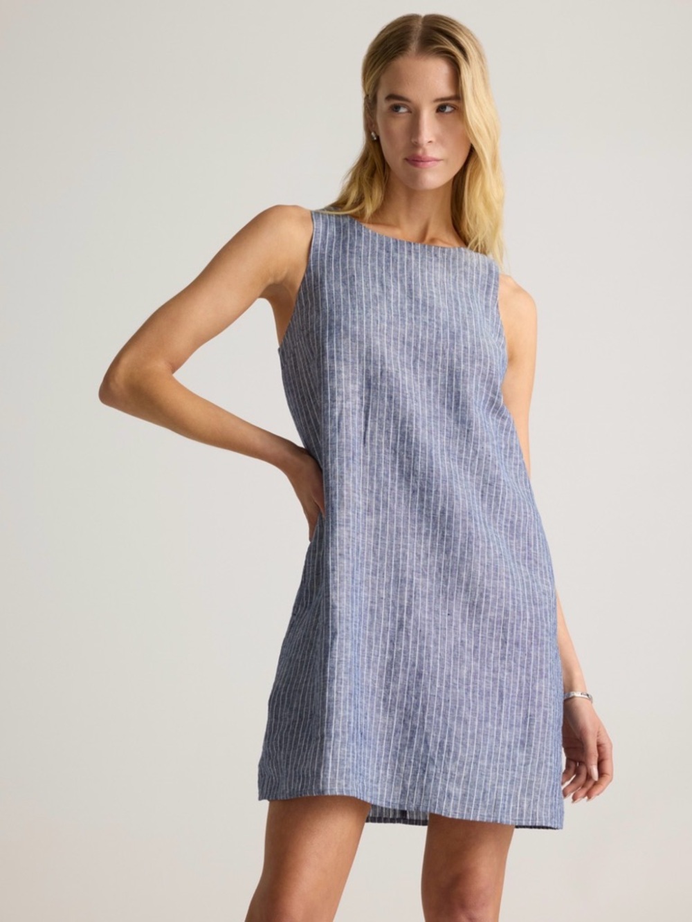 Quince European Linen Tank Blue and White Striped Chambray Mini Dress - Picture 5 of 7